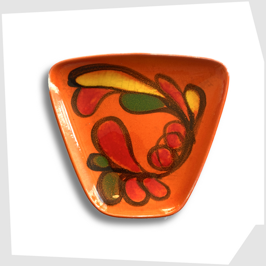 Poole Pottery Delphis Dish, shape 81, by paintress Mary Albon in a vivid orange glaze with fluid forms of red, green and yellow