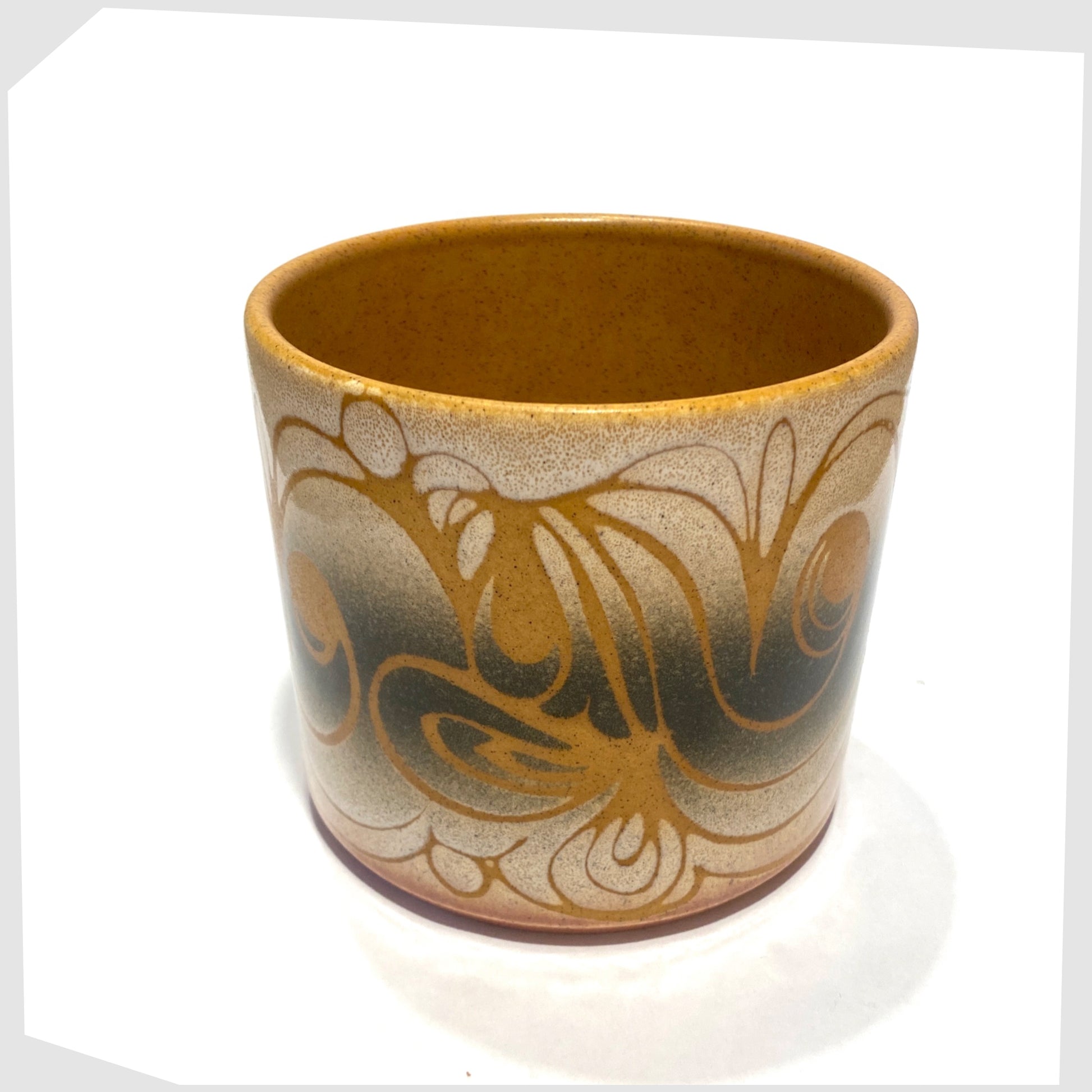 top rim of the poole pottery aegean planter, shape 497, cylindrical ceramic plant pot glazed in swirling orange lines on grey and white glaze