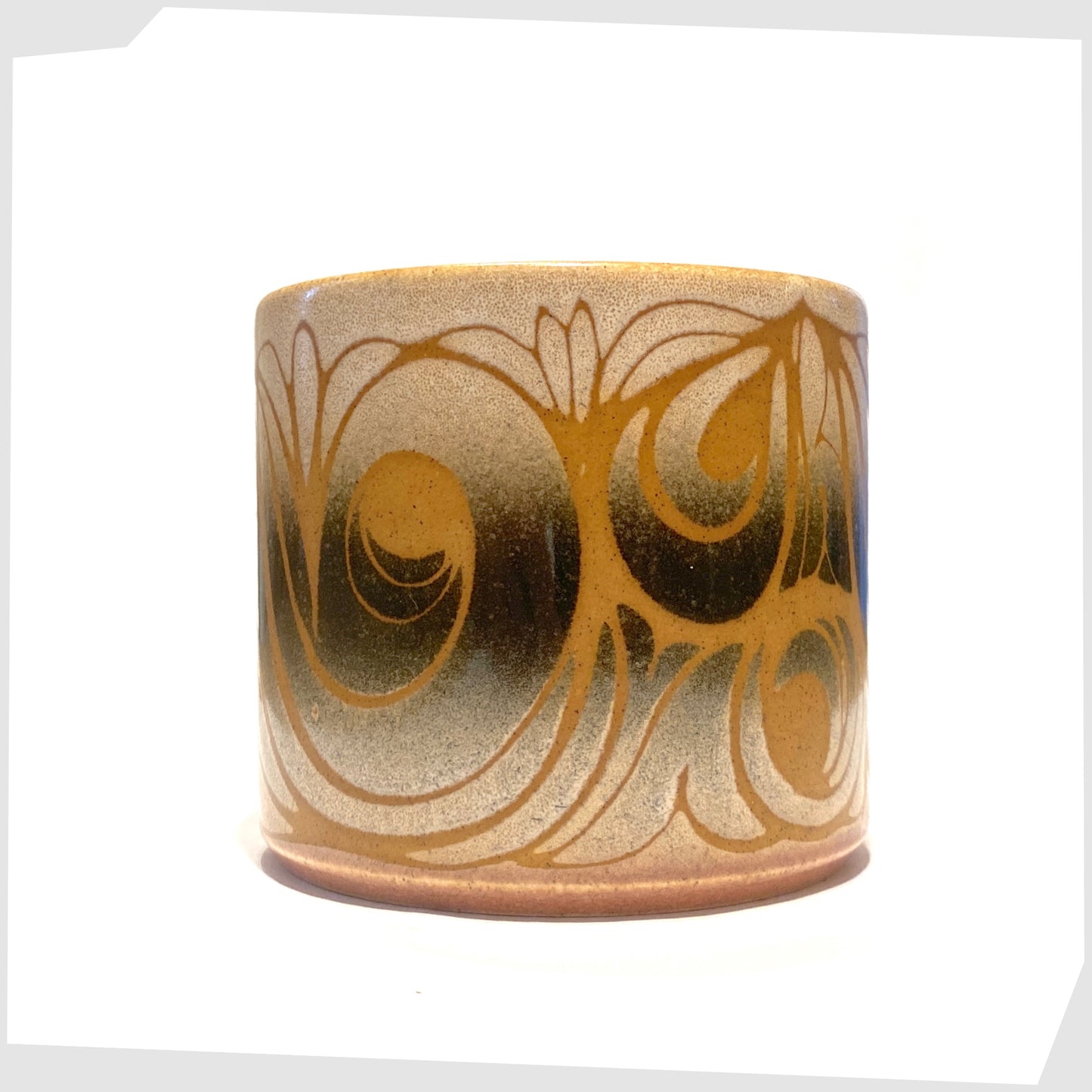 poole pottery aegean planter, shape 497, cylindrical ceramic plant pot glazed in swirling orange lines on grey and white glaze
