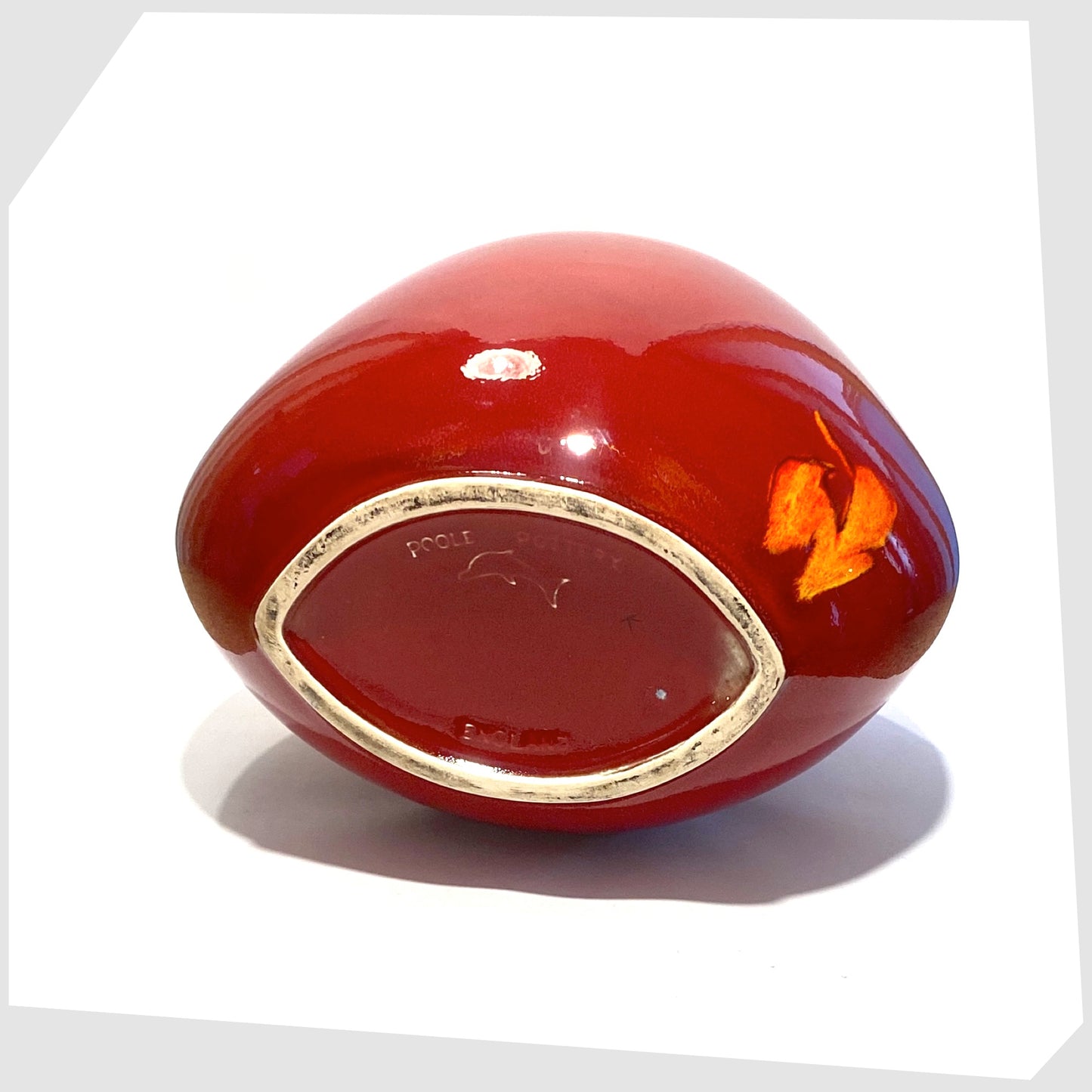 base markings of the large poole pottery purse vase in red with orange floral design