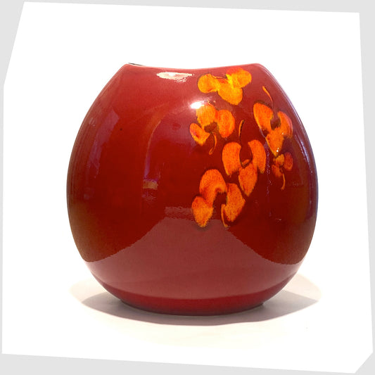 large poole pottery purse vase in red with orange floral design