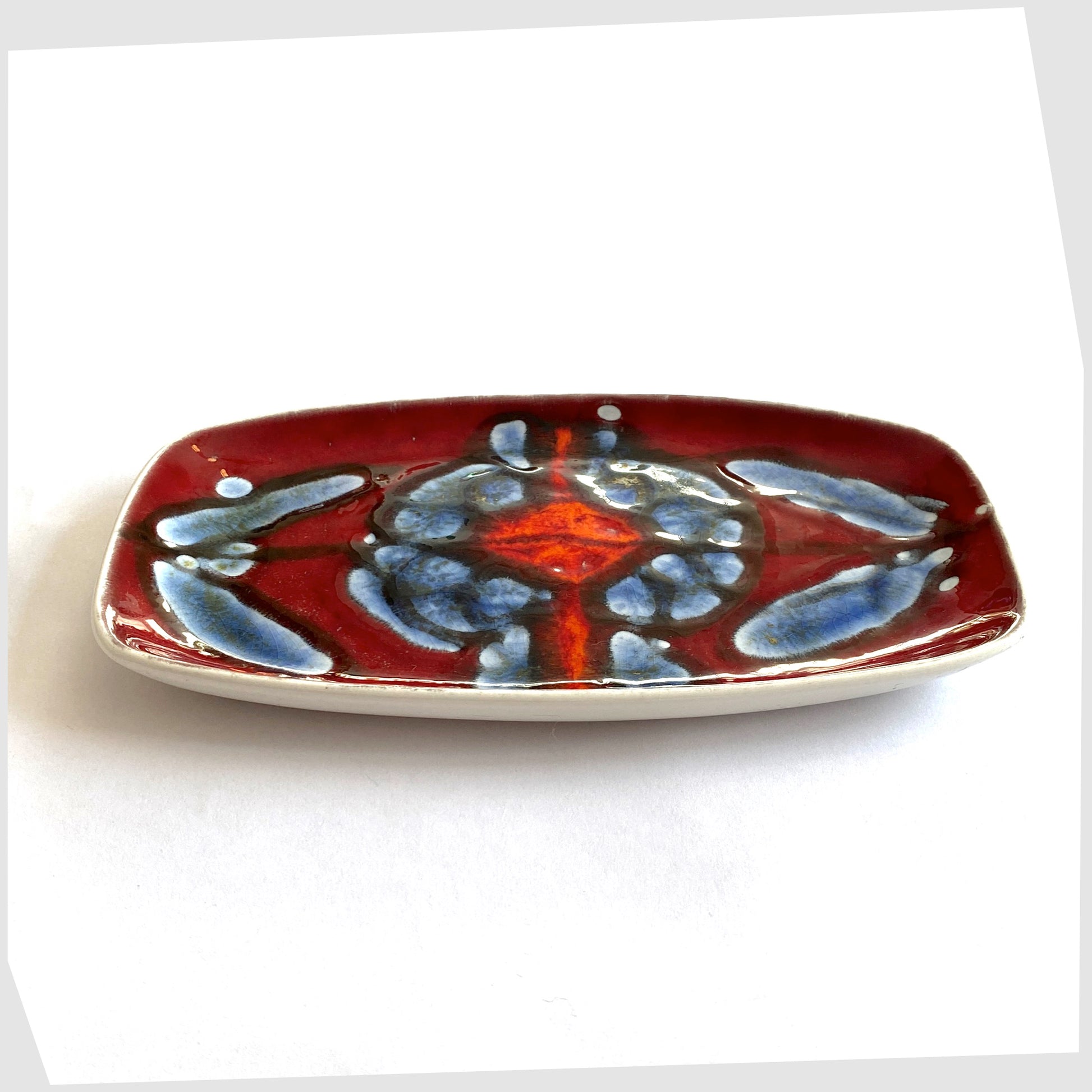 vintage Poole Pottery Delphis Dish in rich red and sky blue glaze by Janet Laird