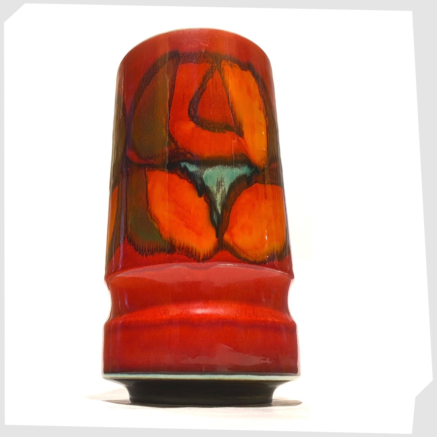 vintage Poole Pottery cylinder vase, shape 84, in a red, green and orange Delphis glaze by Cynthia Bennett