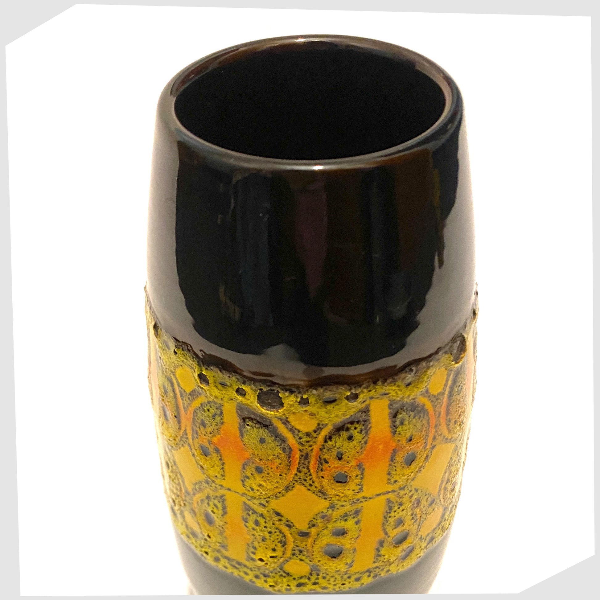 poole pottery vase in chestnut brown with yellow and orange aegean glazing