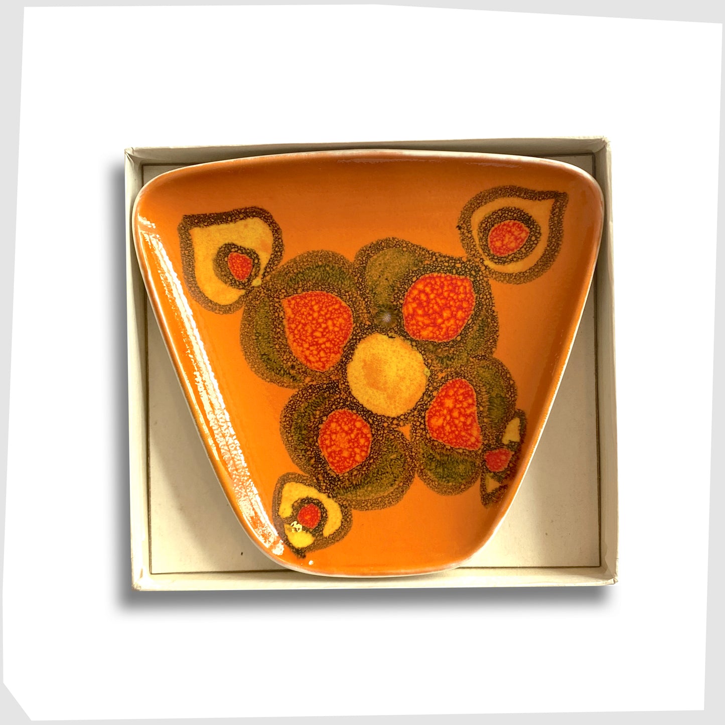 orange poole pottery delphis dish, shape 81, inside its original retail packagaing