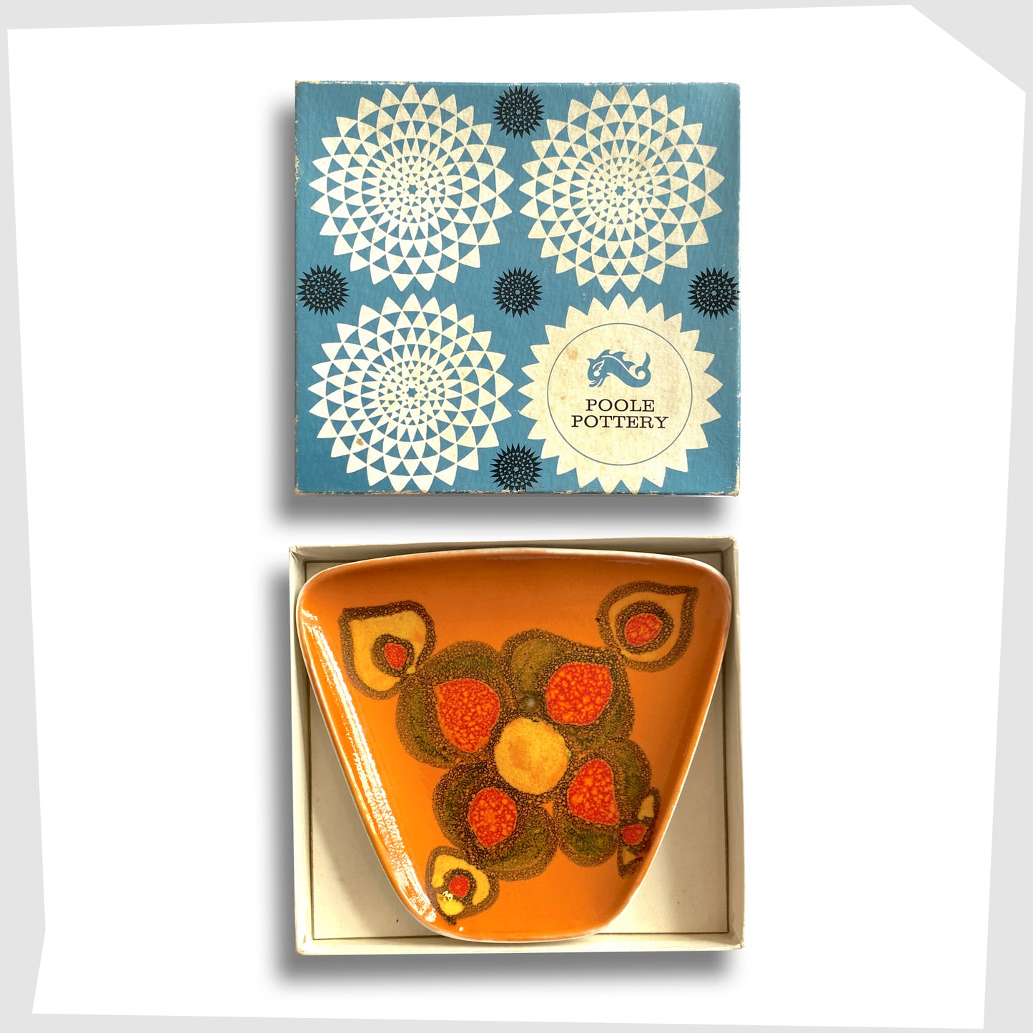 vintage poole pottery delphis dish, model 81, glazed in orange complete with its original retail packaging box 