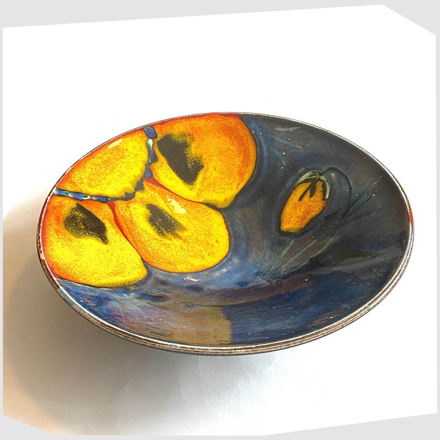vintage Poole Pottery Wild Poppy Dish, designed by Anita Harris, glazed in vivid blue with yellow poppy petals