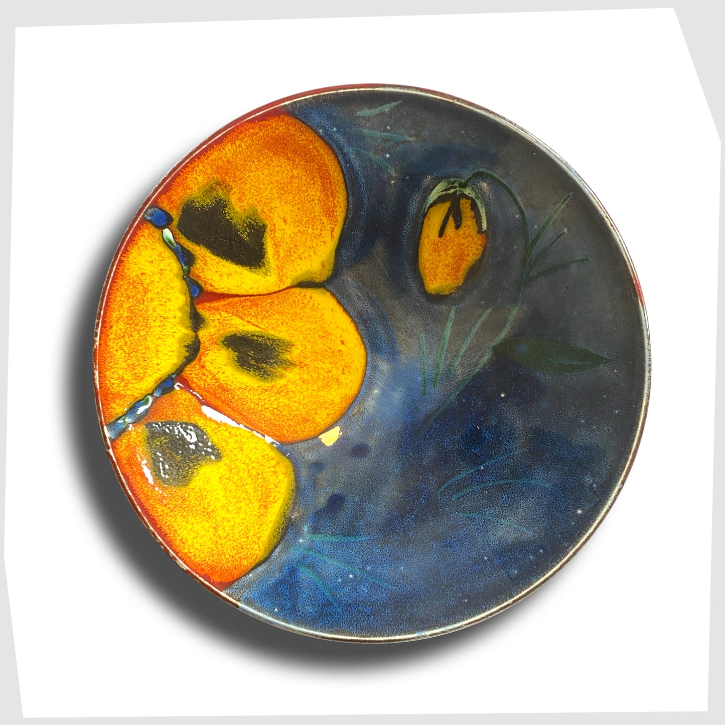 Poole Pottery Wild Poppy Dish, designed by Anita Harris, glazed in vivid blue with yellow poppy petals