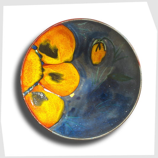 Poole Pottery Wild Poppy Dish, designed by Anita Harris, glazed in vivid blue with yellow poppy petals