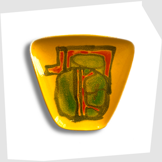 Poole Pottery Shape 81 Dish in a yellow Delphis glaze with green and orange forms, designed by Carol Cutler