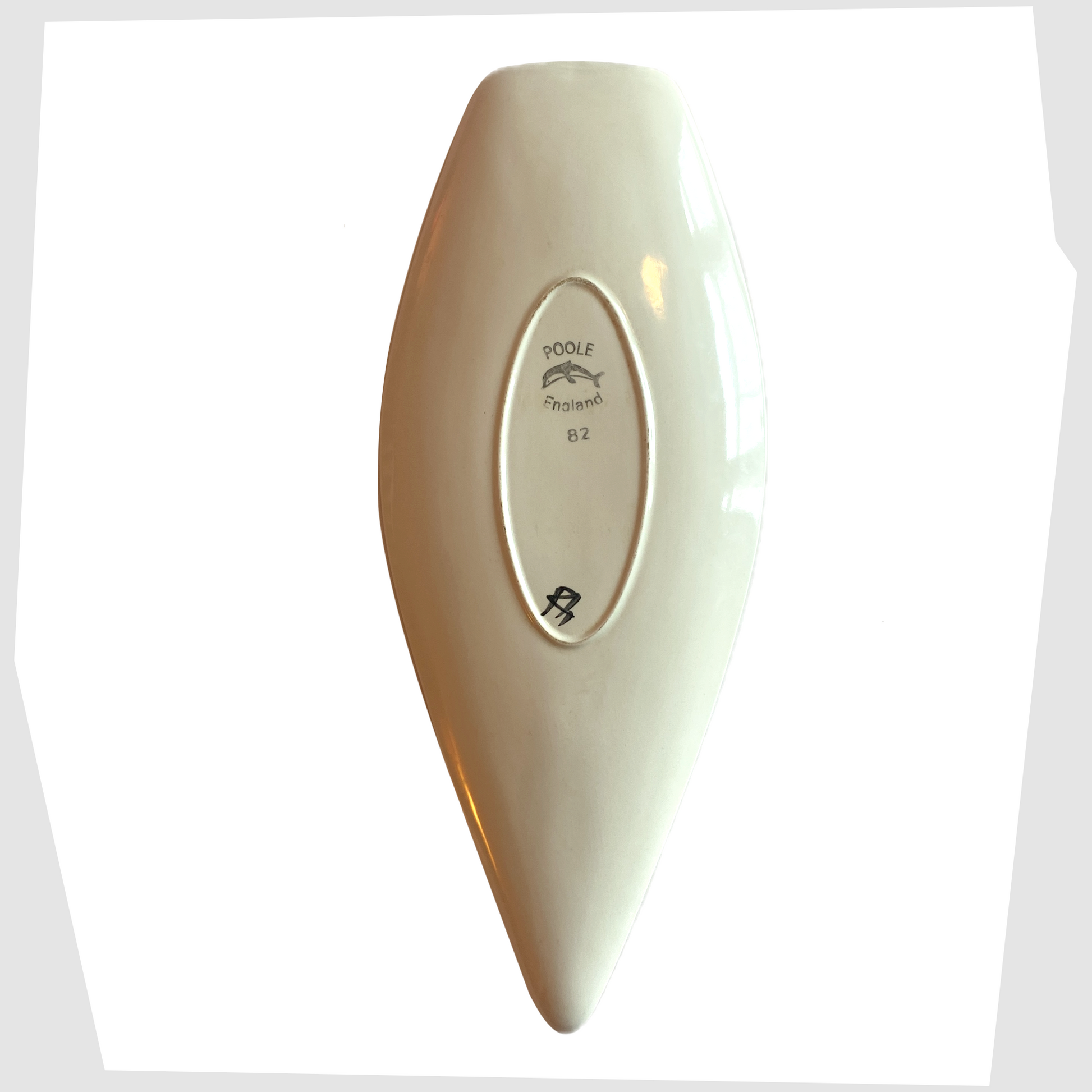 rear of the poole pottery elphis spear dish, shape 82, by Rosina St Clayre