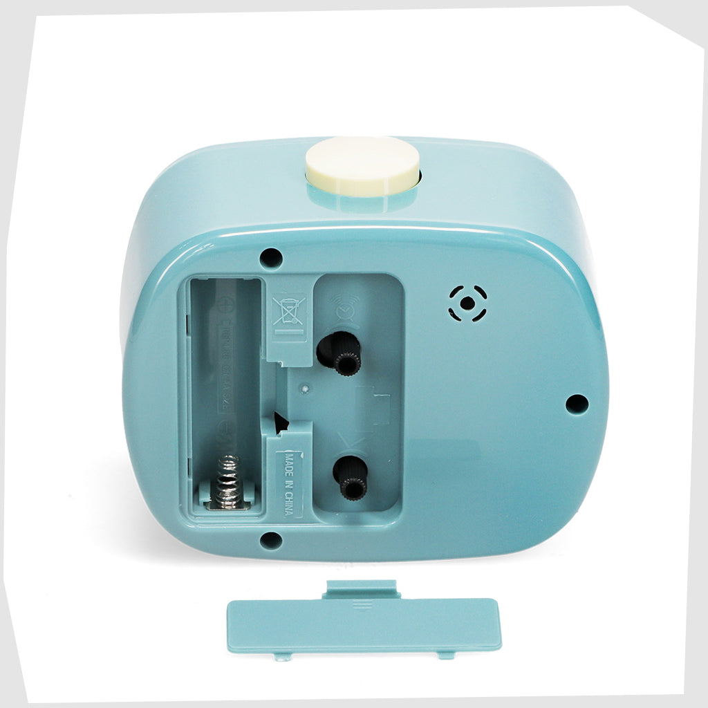 rear of the Blue Retro Alarm Clock, by Rex London, showing the adjuster knobs and battery compartment