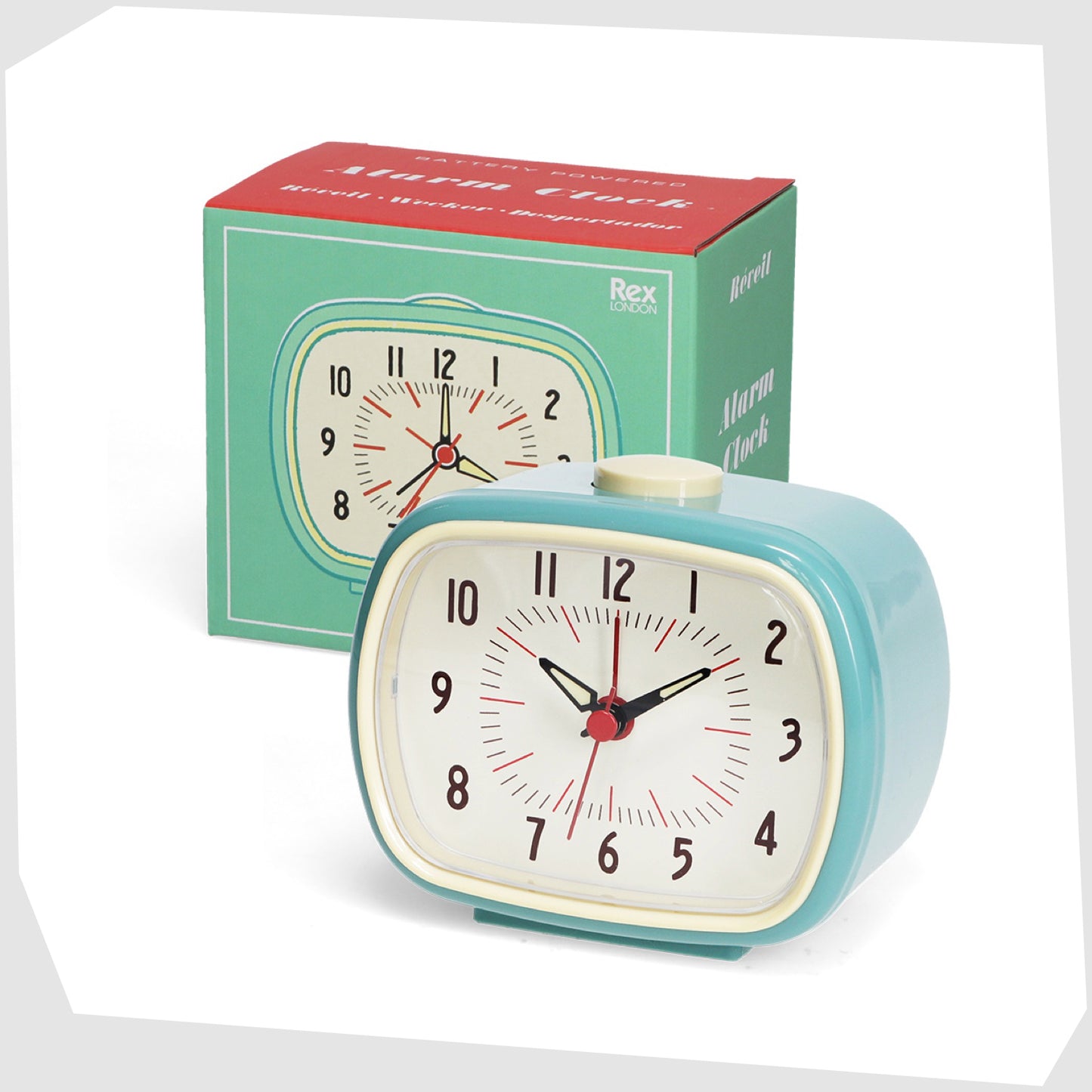 Blue Retro Alarm Clock, by Rex London, with its retail packaging