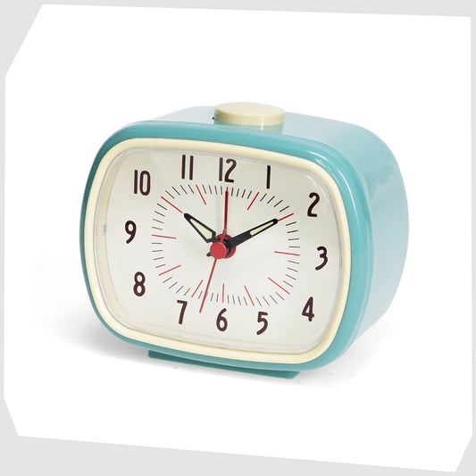 Blue Retro Alarm Clock, by Rex London, featuring a cream numerical face with light blue surround