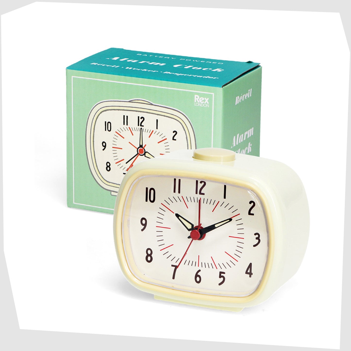 Cream Retro Alarm Clock, by Rex London, shown with its retail packaging box