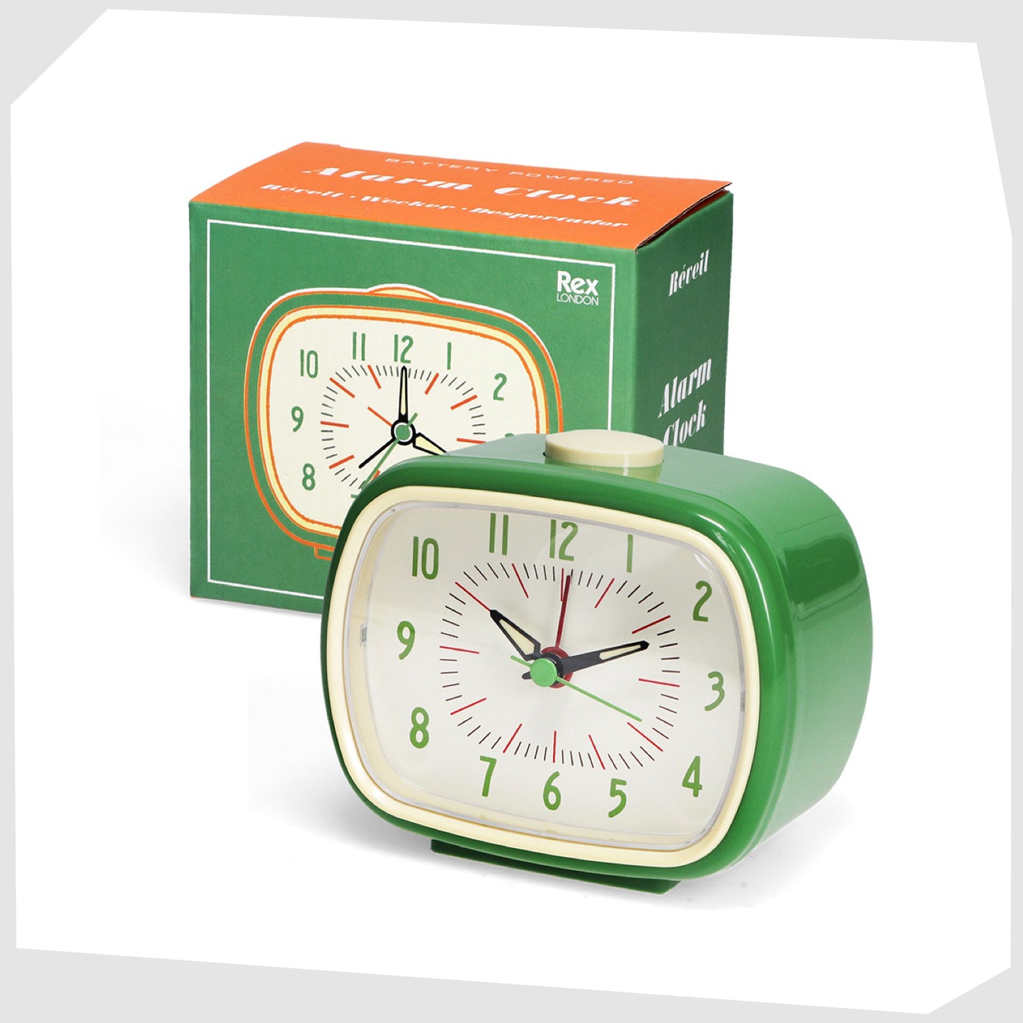 Green Retro Alarm Clock, by Rex London, complete with its retail box/packaging