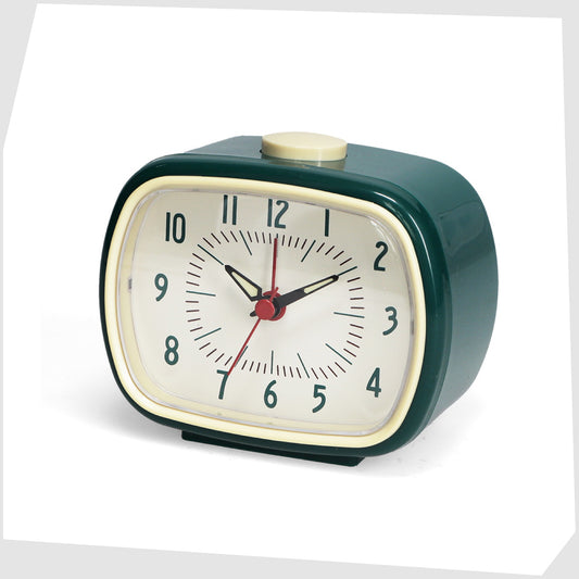 Petrol Blue Retro Alarm Clock, by Rex London, with beige numerical dial and petrol blue casing