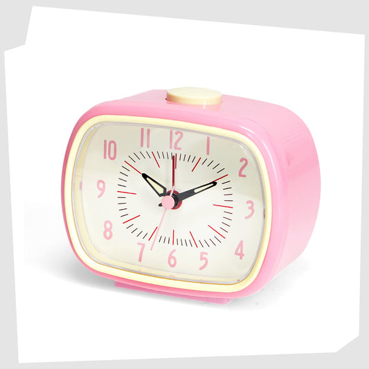 Pink Retro Alarm Clock, by Rex London, featuring a cream numerical face with pink surround