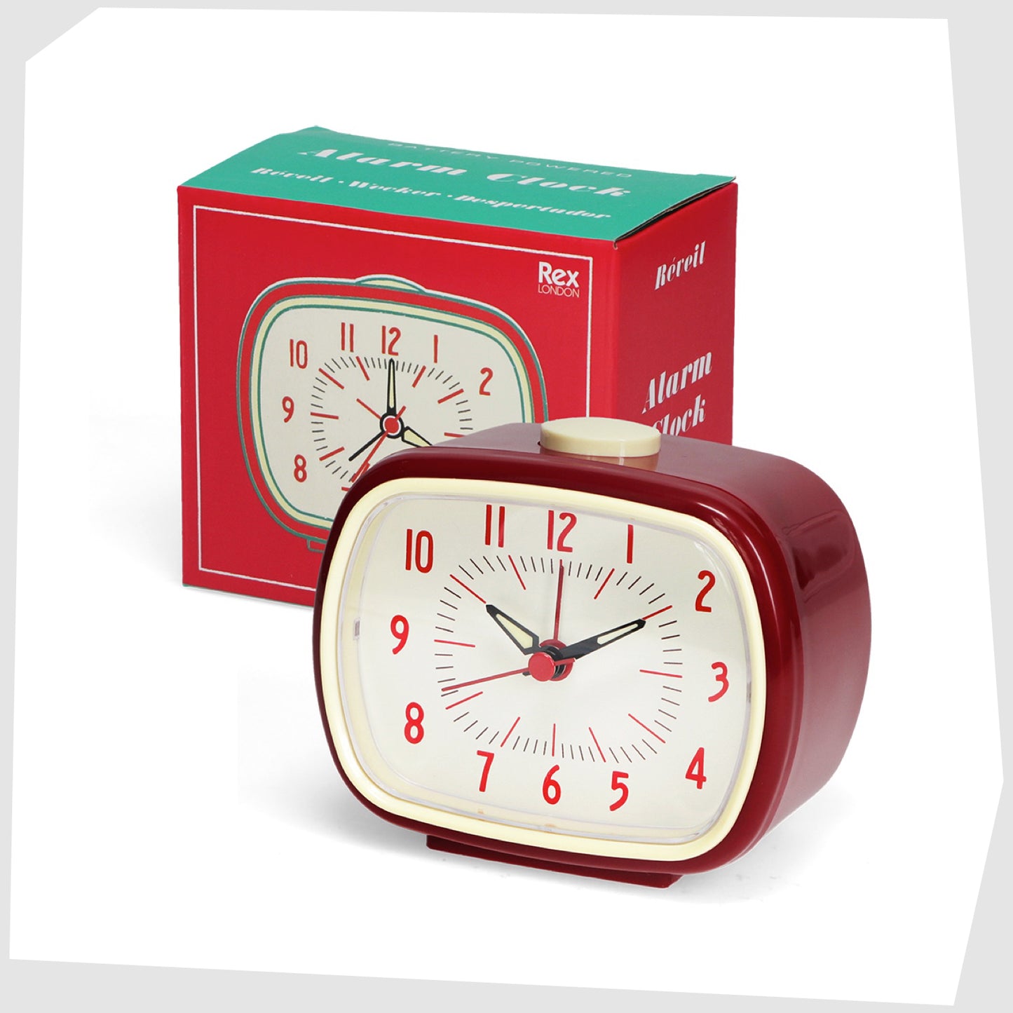 packaging box for the Rex London red retro alarm clock