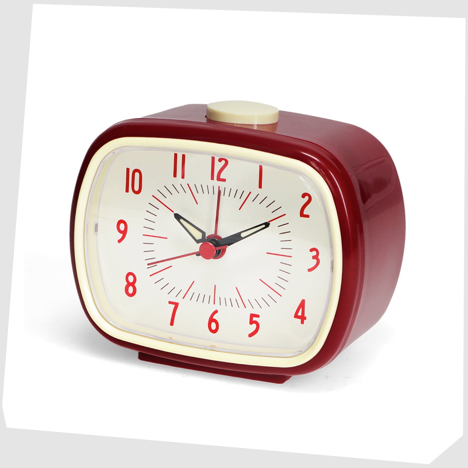 retro alarm clock in red, by rex london, featuring a cream numerical dial with a bold red casing