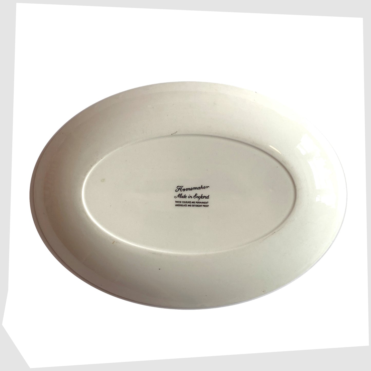Rear of the Ridway Pottery Homemaker Oval Platter with mid-century modern design in monochrome, shown on a white background