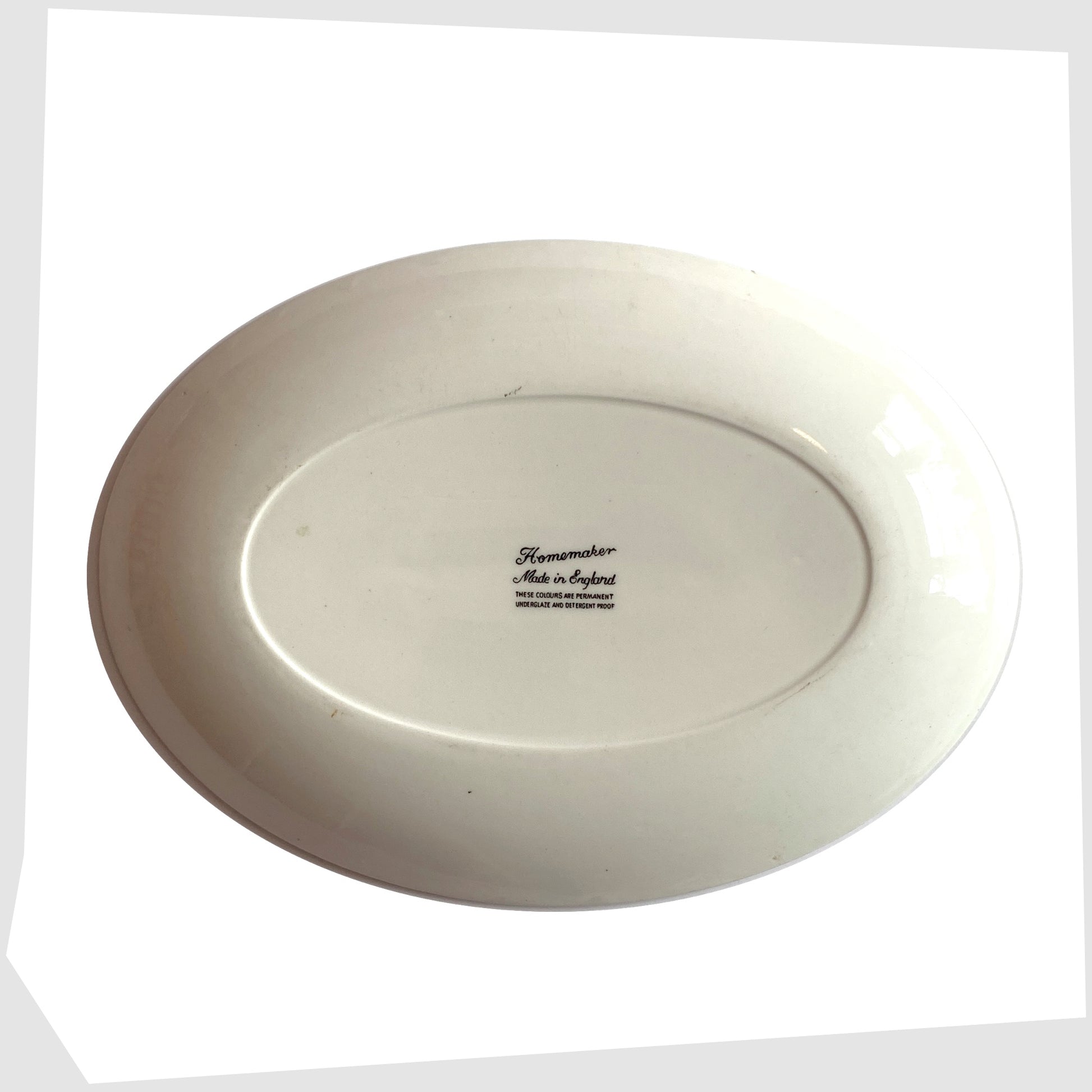 Rear of the Ridway Pottery Homemaker Oval Platter with mid-century modern design in monochrome, shown on a white background