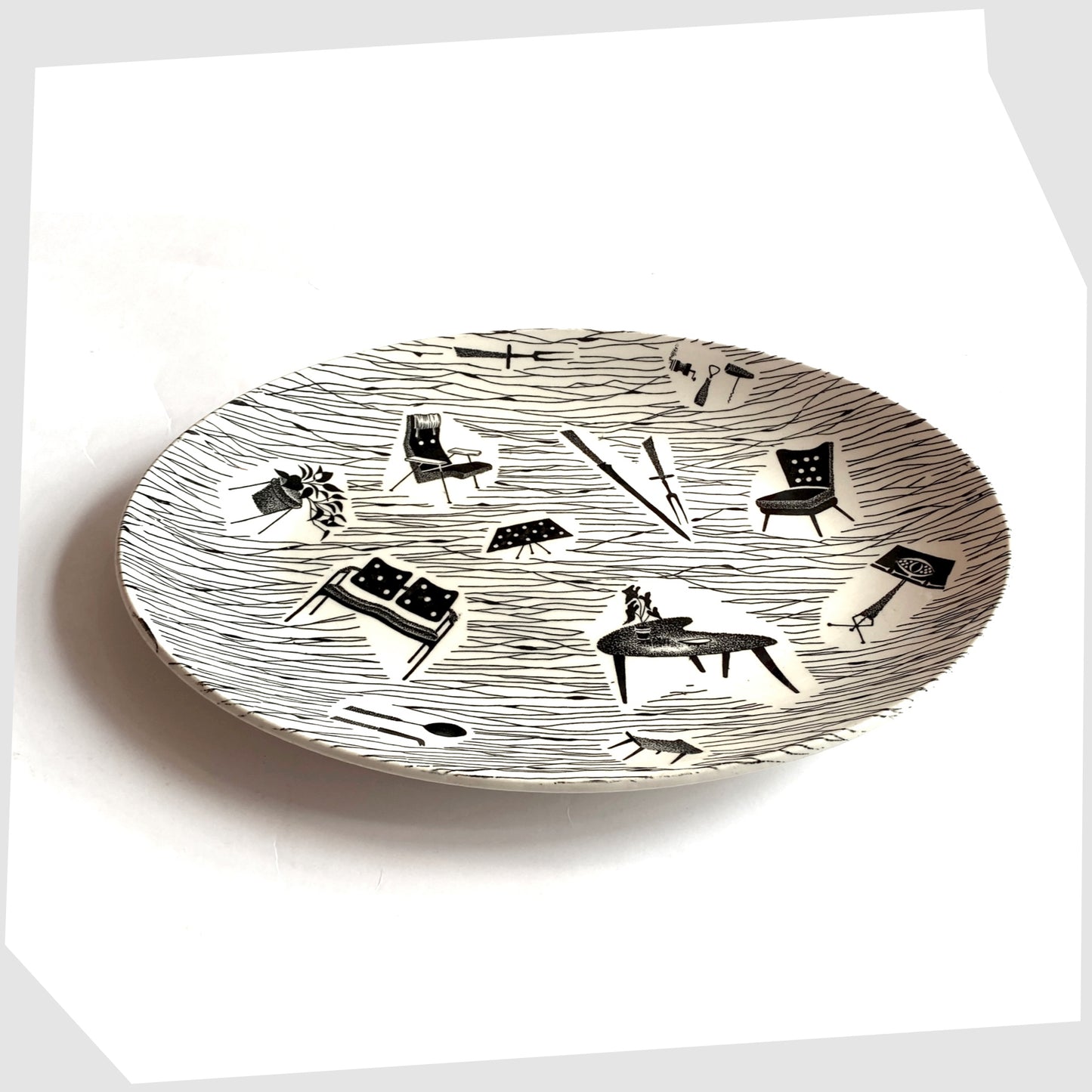 Ridway Pottery Homemaker Oval Platter, designed by Enid Seeney, with mid-century modern design in monochrome, shown on a white background