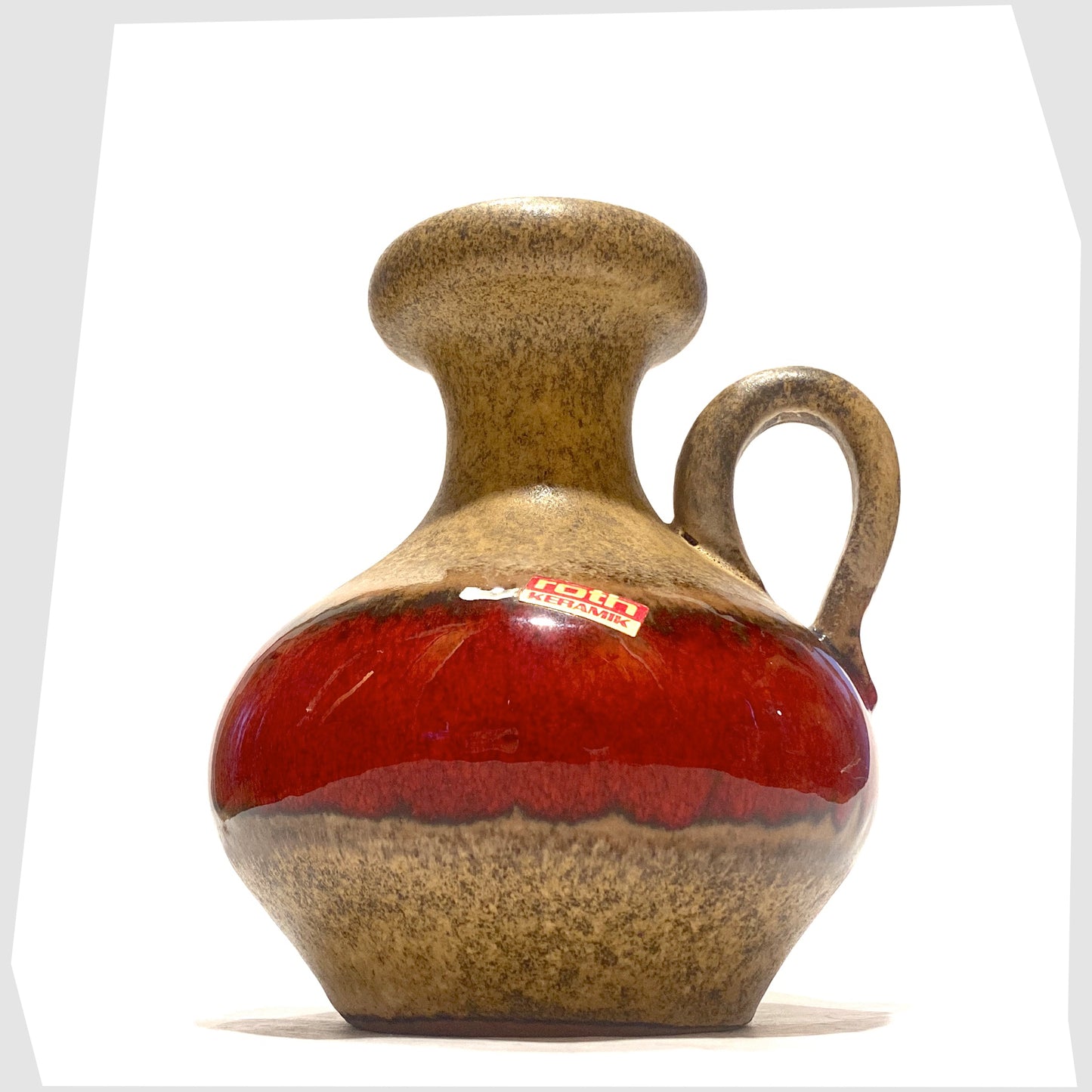 roth keramik vase with original label. Glazed with a bold central stripe of volcanic red glaze