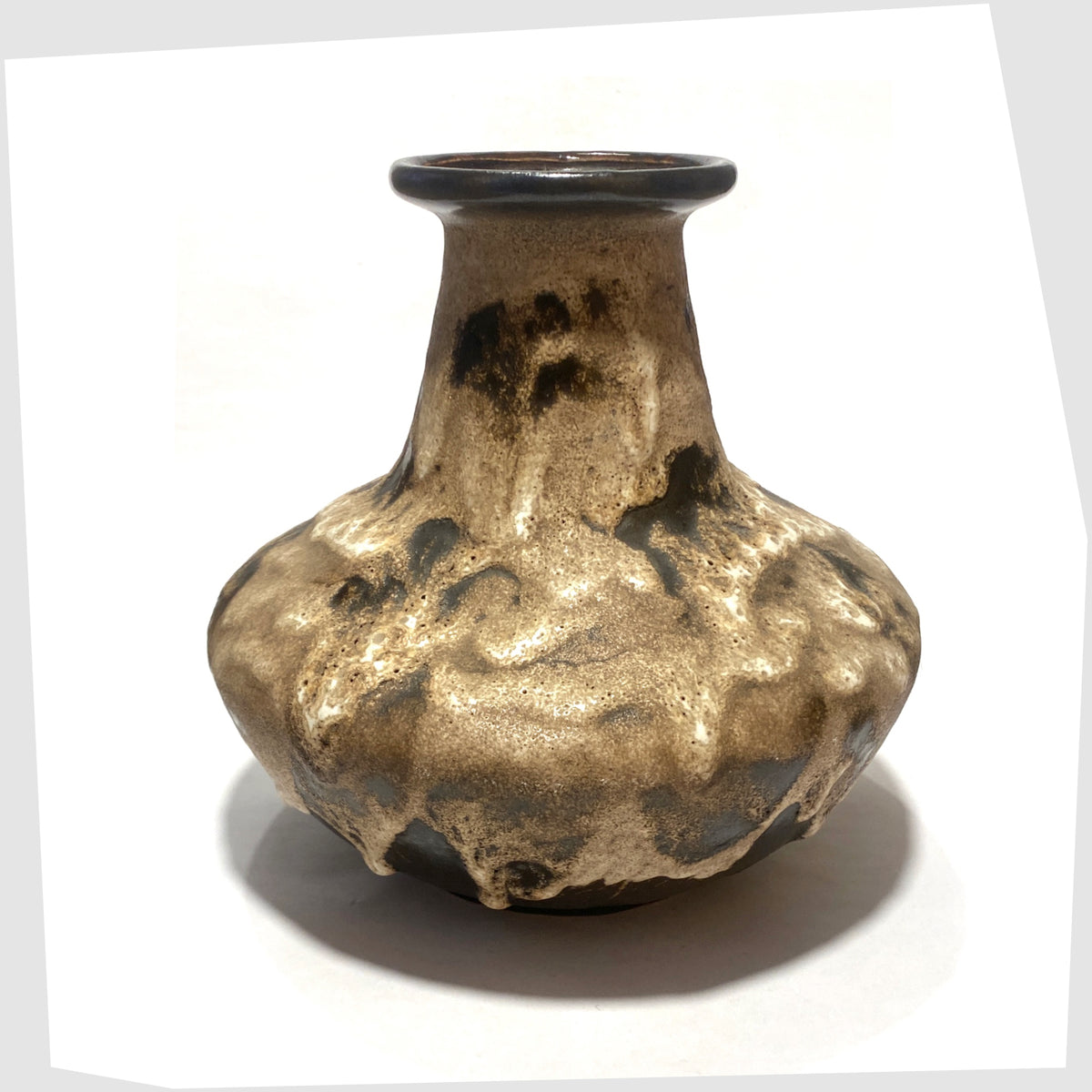 Front of the Ruscha Keramik 377-21 Vase in monochrome fat lava drip glaze, shown on a white background