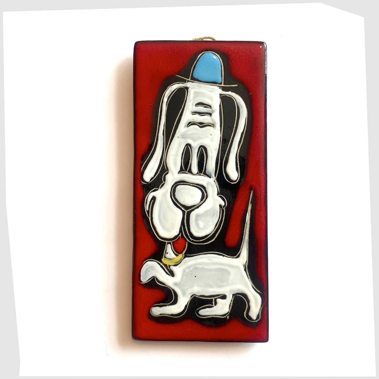 Rectangular San Marino Pottery Wall Plaque featuring a white dog in a blue hat on a vibrant red glaze, shown on a white background