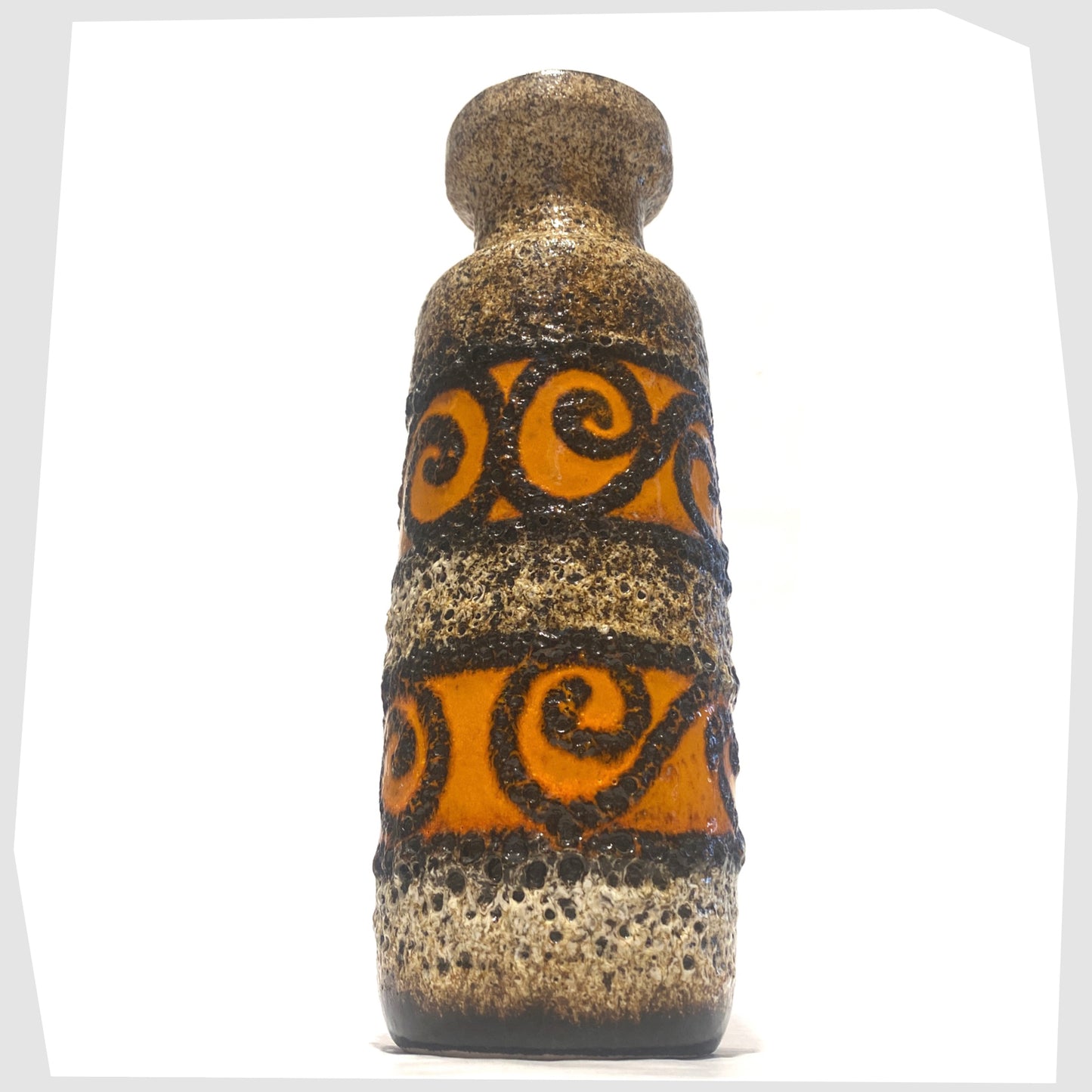 1970s Scheurich Keramik 200-28 Vase with bands of orange and black swirls frames in deep fat lava glaze