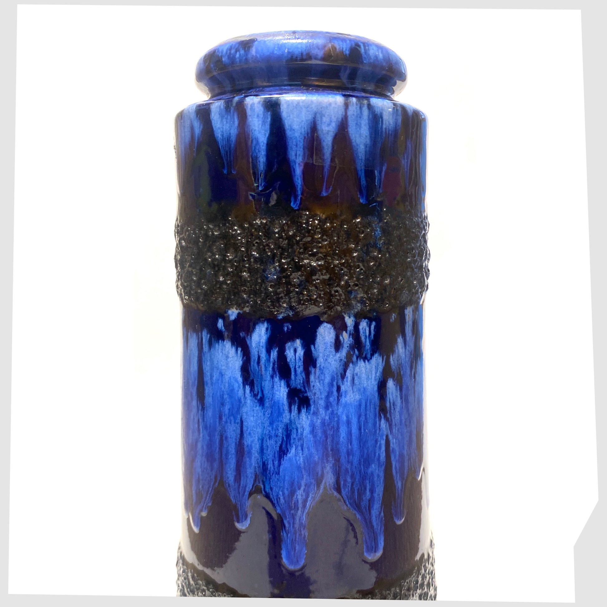 west german pottery cylindrical vase by scheurich keramik, model 206-26, finished in a rich blue glaze with black fat lava bands