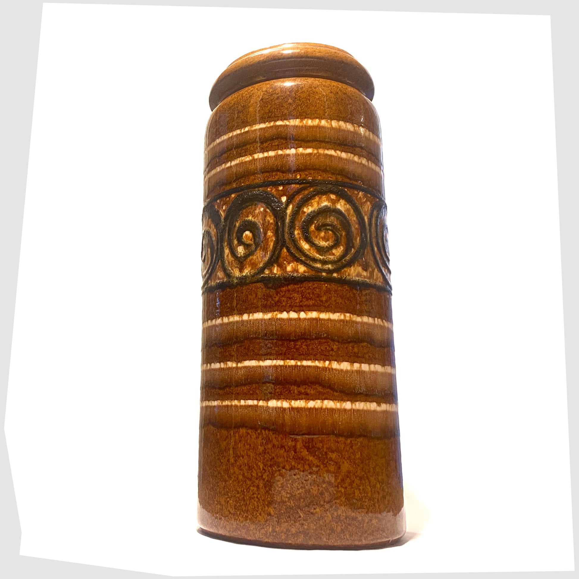 large Scheurich Keramik 217-42 vase in a honey and chestnut striped glaze with a central band of swirling at lava