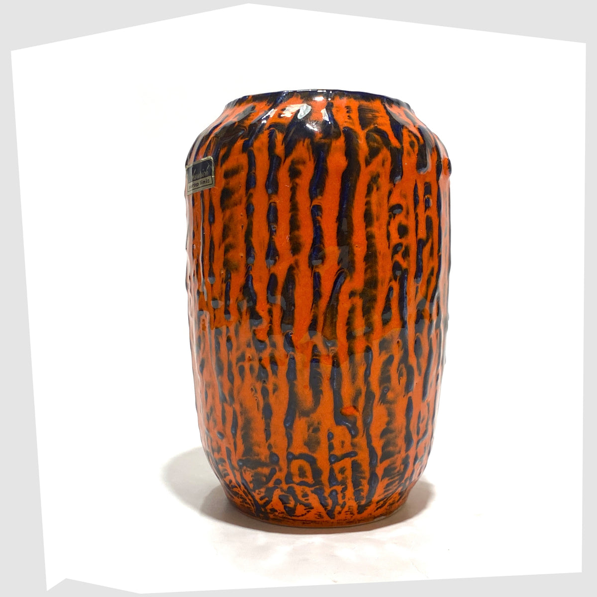 1960s Scheurich Keramik 238-14 Vase, part of Scheurich's 'Europ Linie' collection, in a vivid orange and blue fat lava glaze, shown on a white background