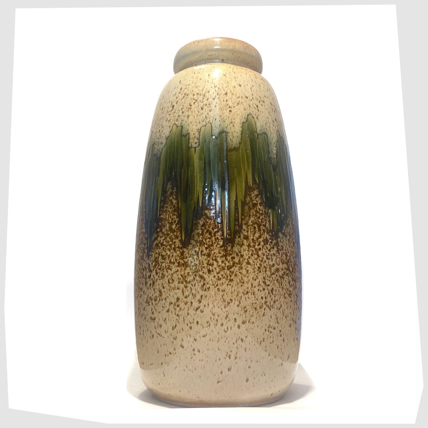 XL scheurich keramik 284-47 floor vase finished in a speckled beige with central band of green lora glaze