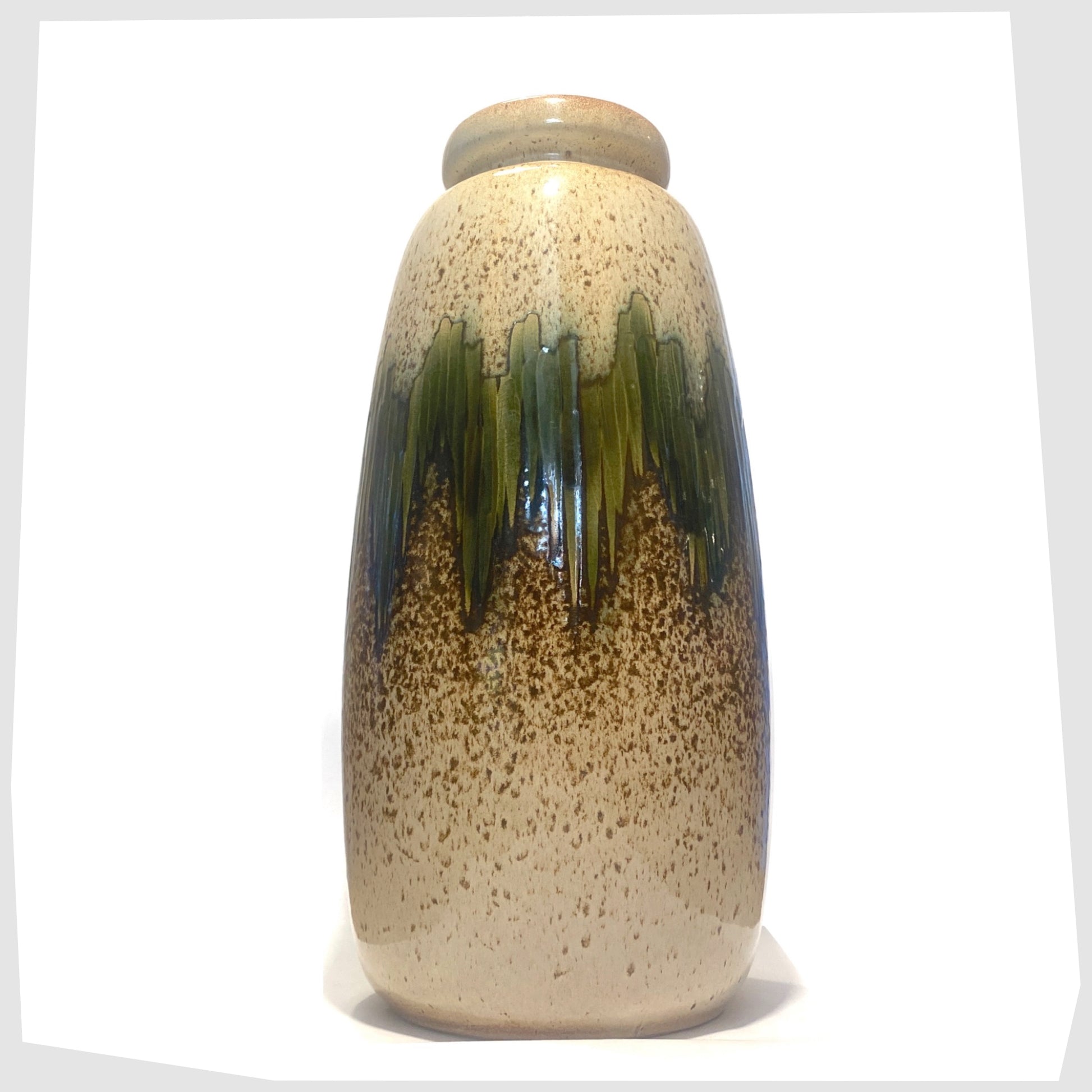 XL scheurich keramik 284-47 floor vase finished in a speckled beige with central band of green lora glaze