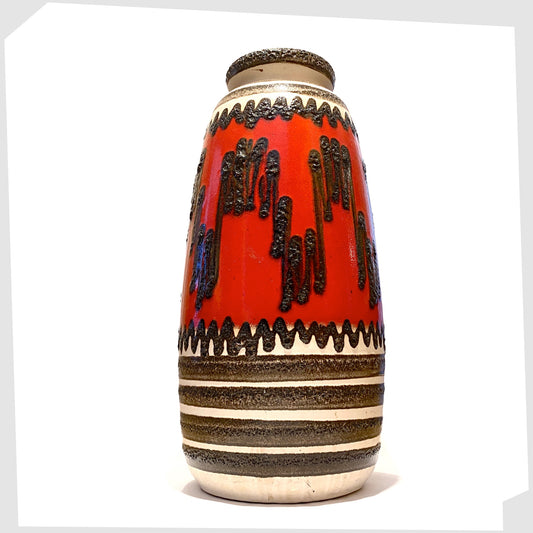 XL Scheurich Keramik Floor Vase glazed in a volcanic red with zig zagging pattern of black fat lava glaze