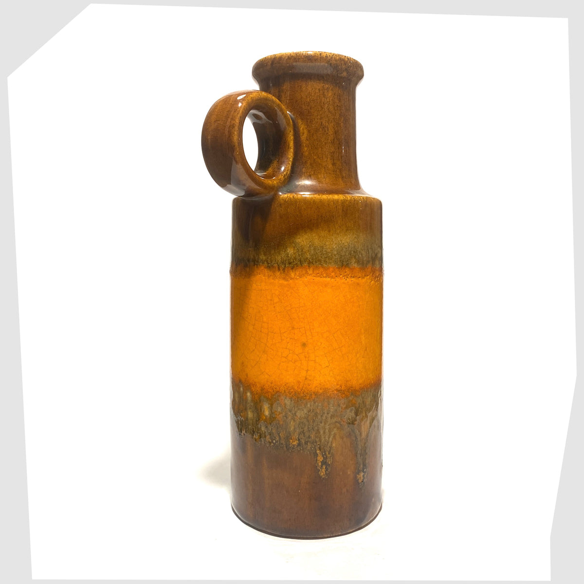 Left side of the Scheurich Keramik 401-28 Vase in chestnut brown glaze with a central band of orange fat lava, shown on a white background