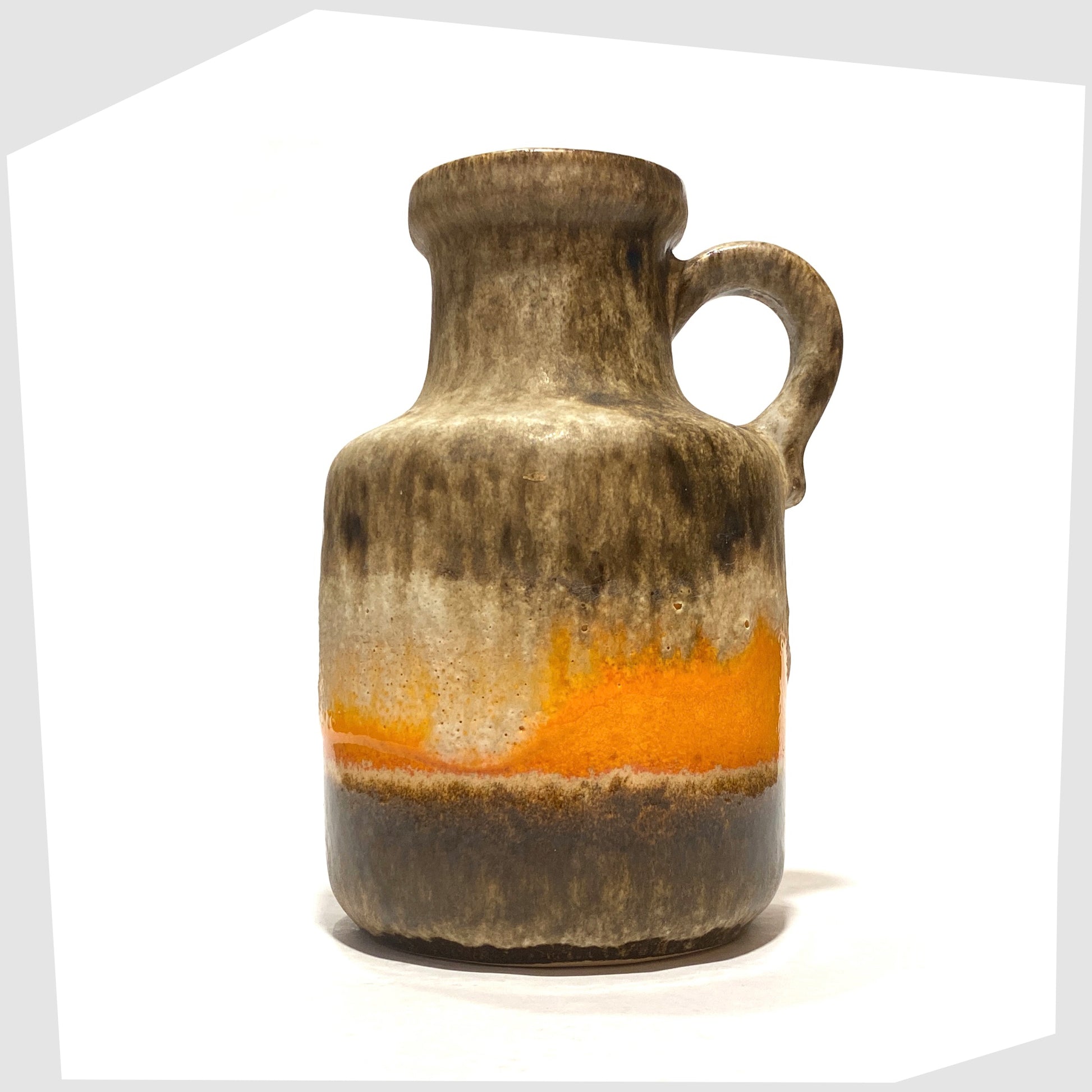 Vintage Scheurich Keramik 414-16 Vase in matte fat lava drip glaze with contrasting band of vibrant orange gloss glaze, shown on a white background