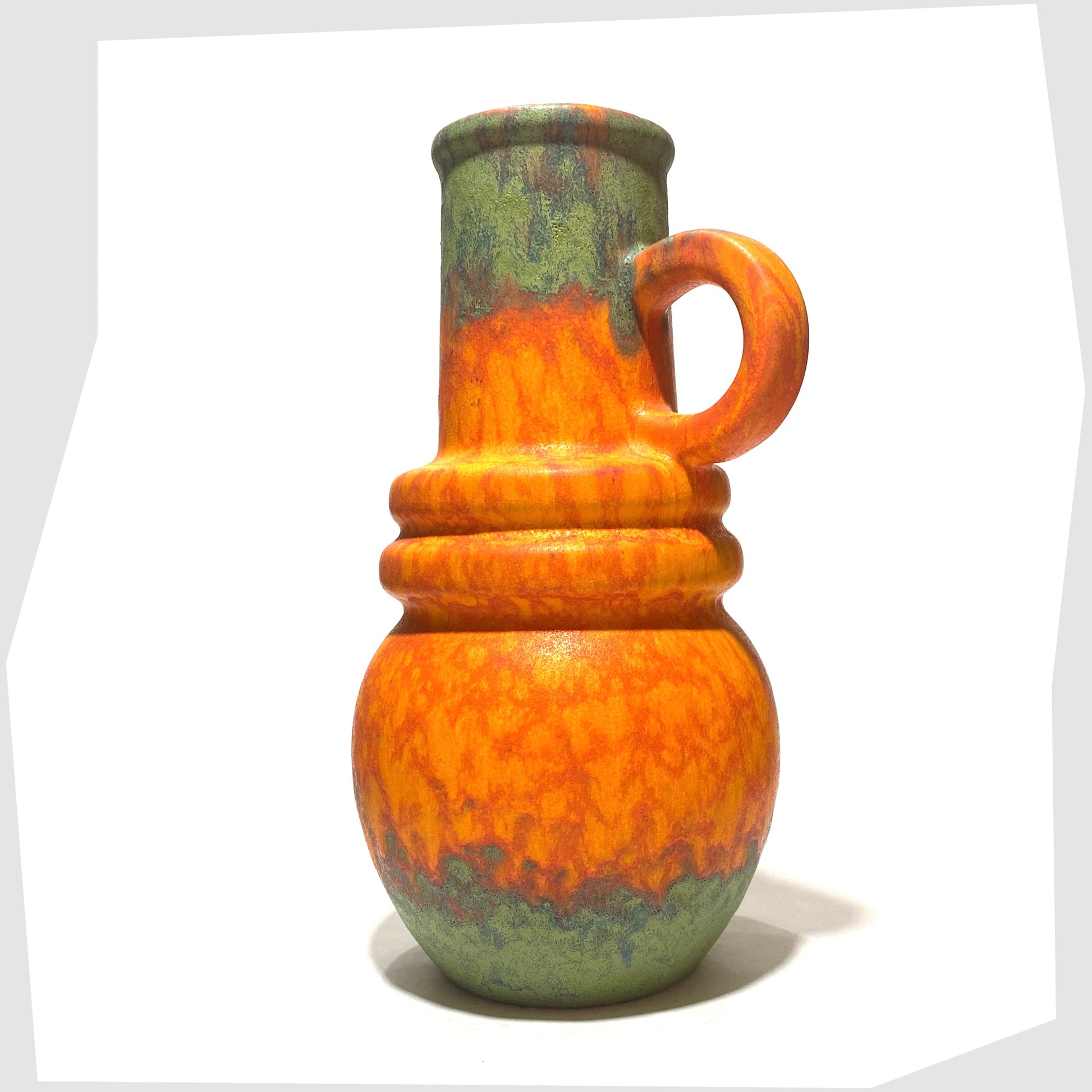 1970s west german vase by scheurich keramik , model 428-26, finished in a volcanic orange glaze with vivid matte green
