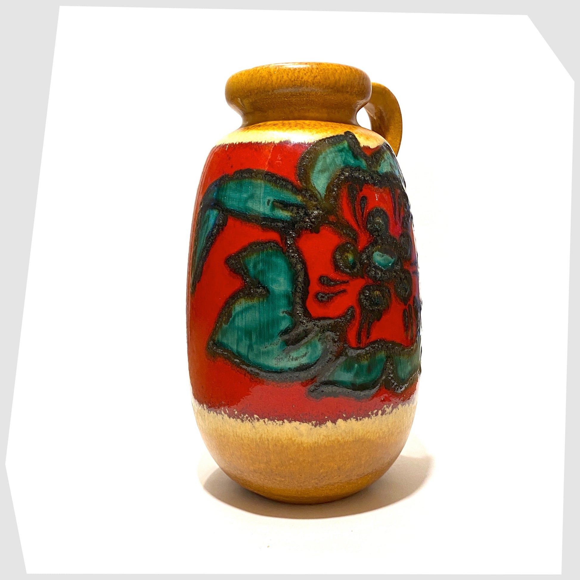 vintage scheurich keramik 484-27 vase glazed with a red flower with green leaves