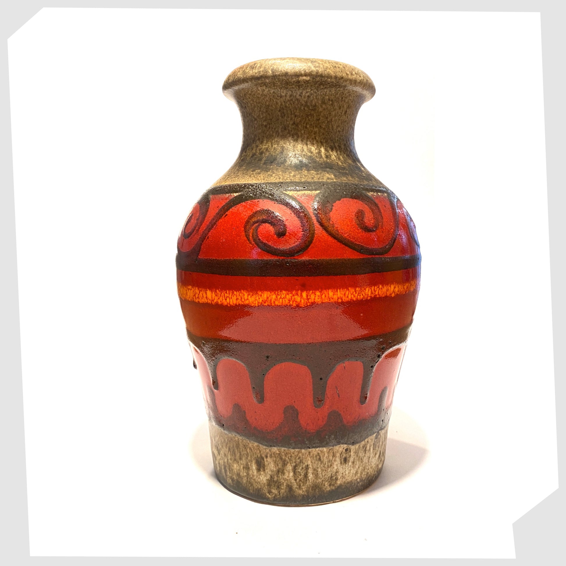 scheurich keramik 490-25 vase, glazed in volcanic red with swirls of black fat lava