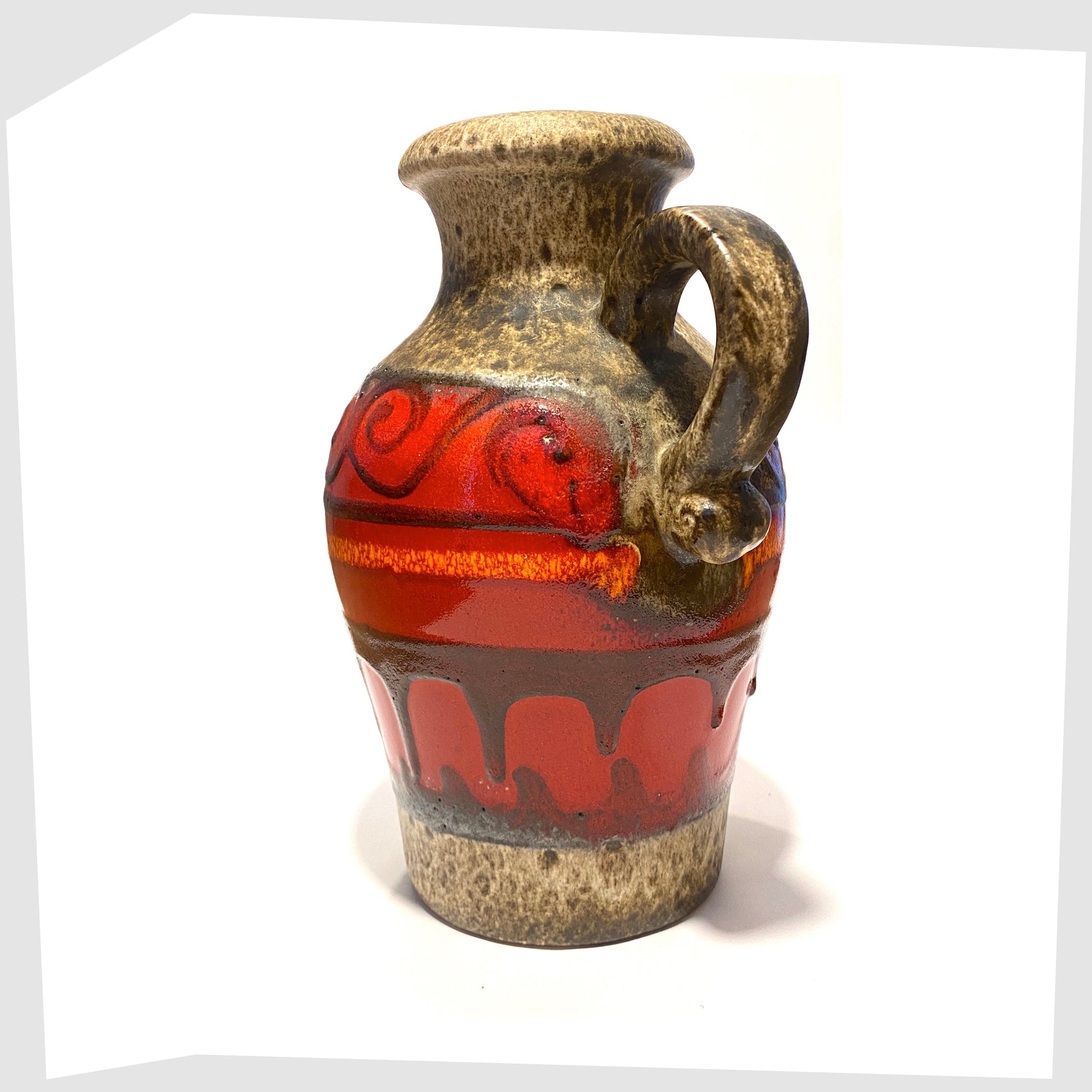 scheurich keramik 490-25 vase with single loop handle, glazed in volcanic red with swirls black fat lava