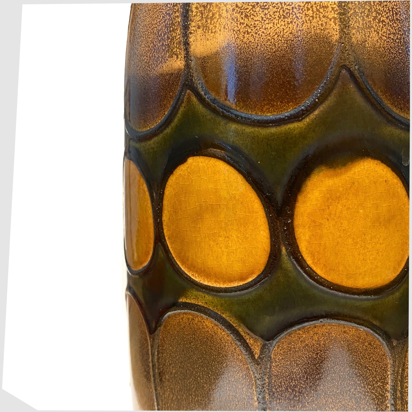 west german art pottery floor vase by scheurich keramik, model 553-38, glazed with a bold band of forest  green with amber circles