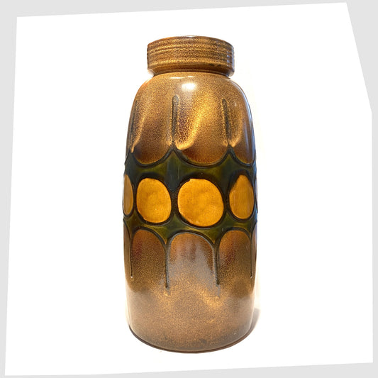 scheurich keramik floor vase, model 553-38, glazed with a bold band of forest  green with amber circles