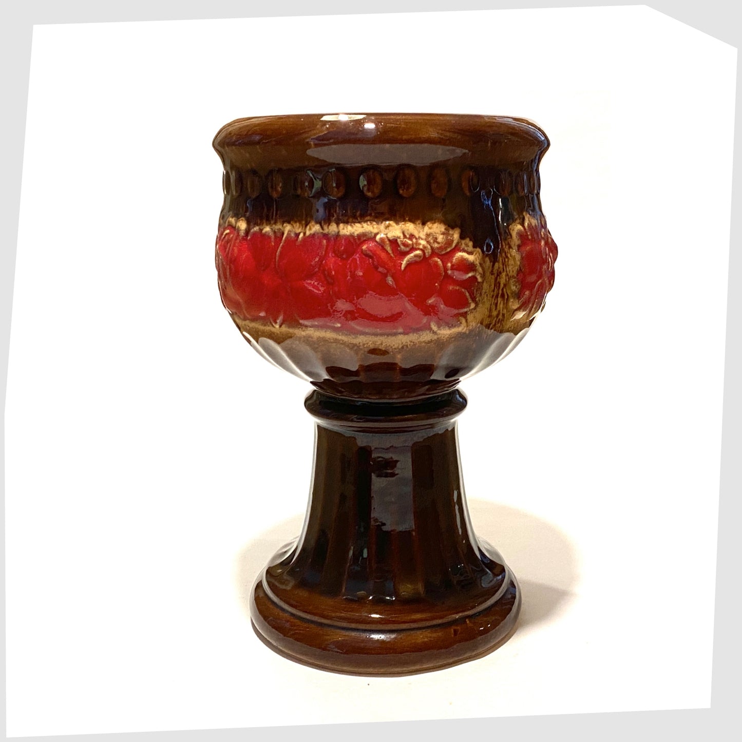  schuerich keramik 706-23 footed planter in chestnut glaze with central band of volcanic red glaze