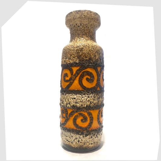 Scheurich Keramik 200-28 Vase with bands of orange and black swirls frames in deep fat lava glaze