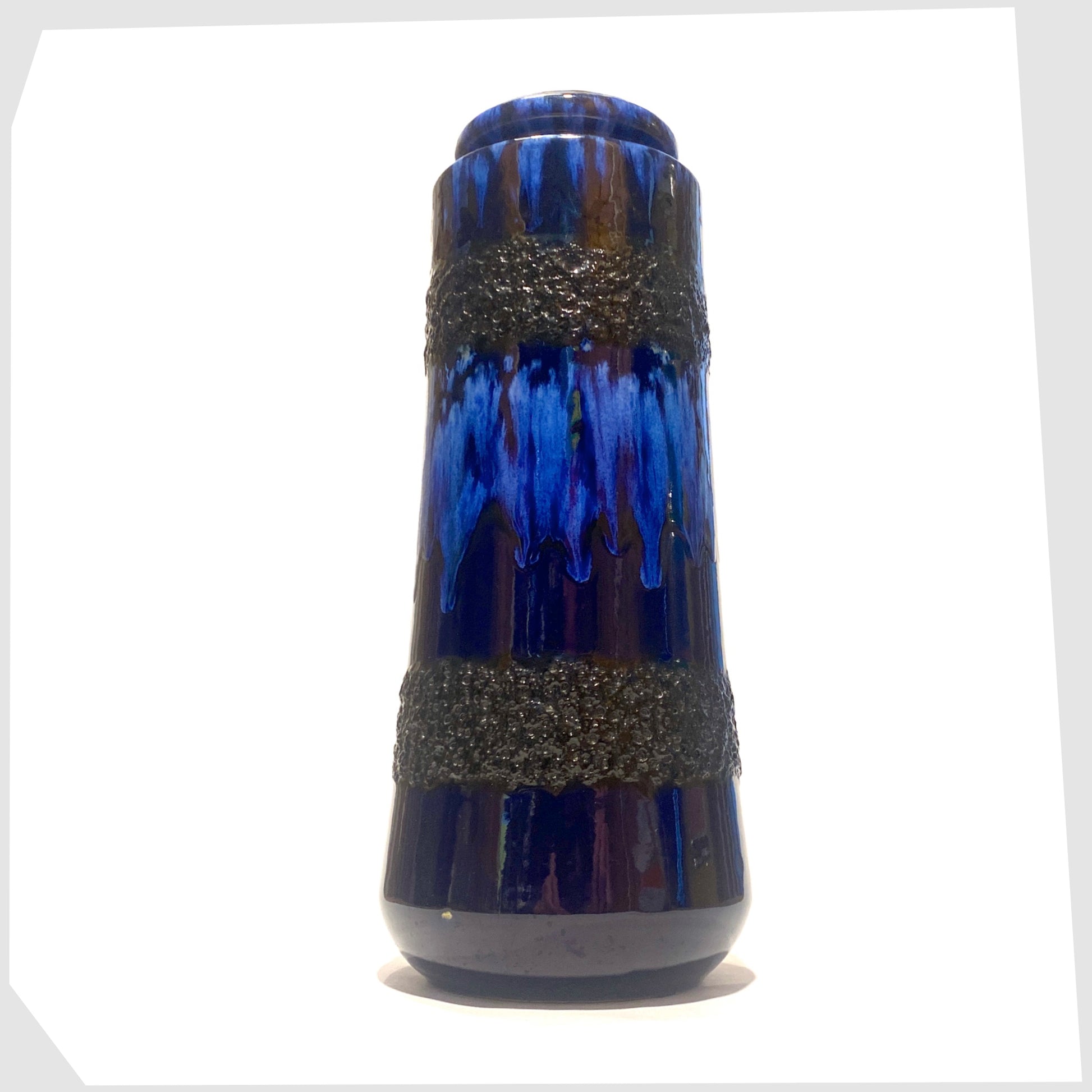 vintage west german pottery vase by scheurich keramik, model 206-26, finished in a rich blue glaze with black fat lava bands