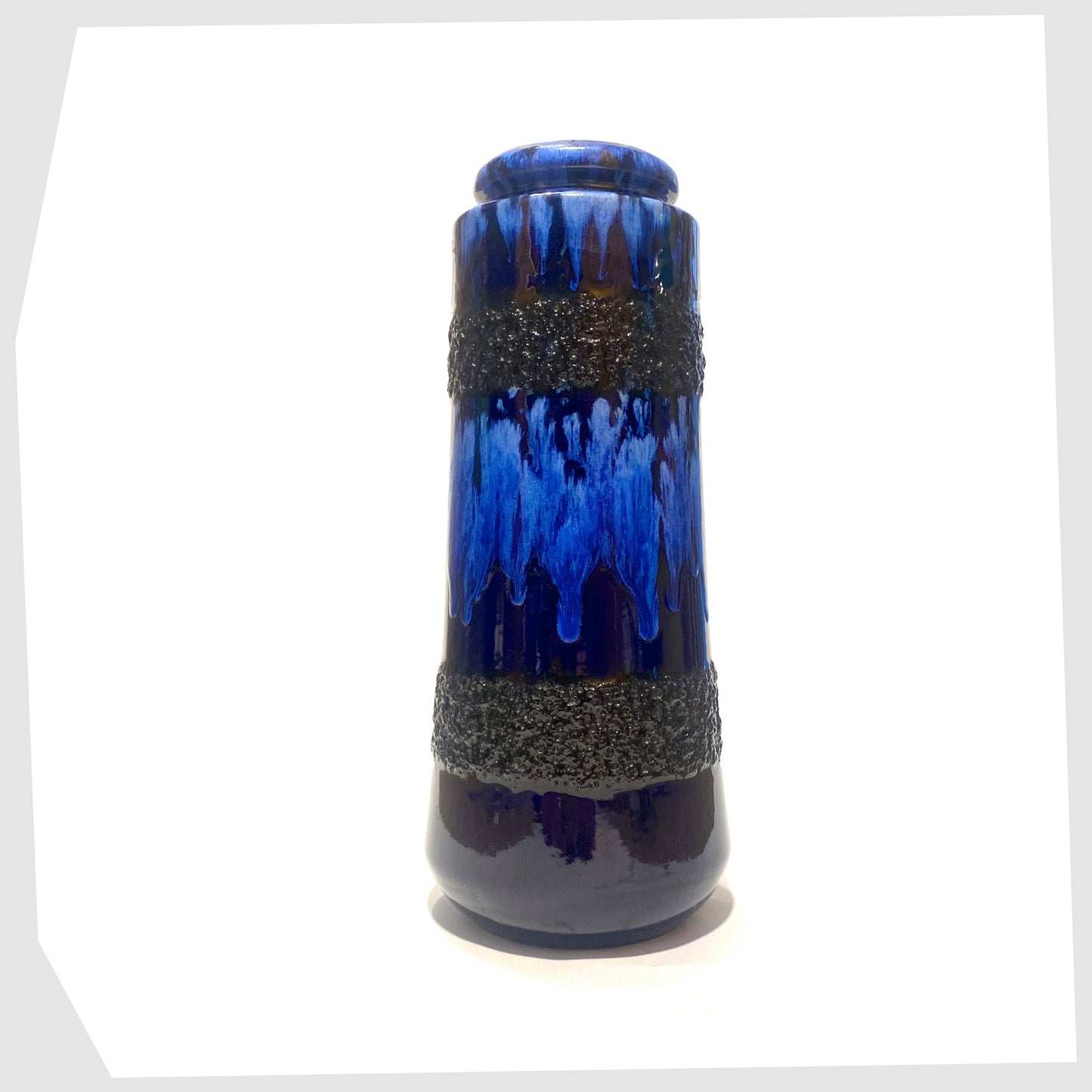 west german pottery vase by scheurich keramik, model 206-26, finished in a rich blue glaze with black fat lava bands