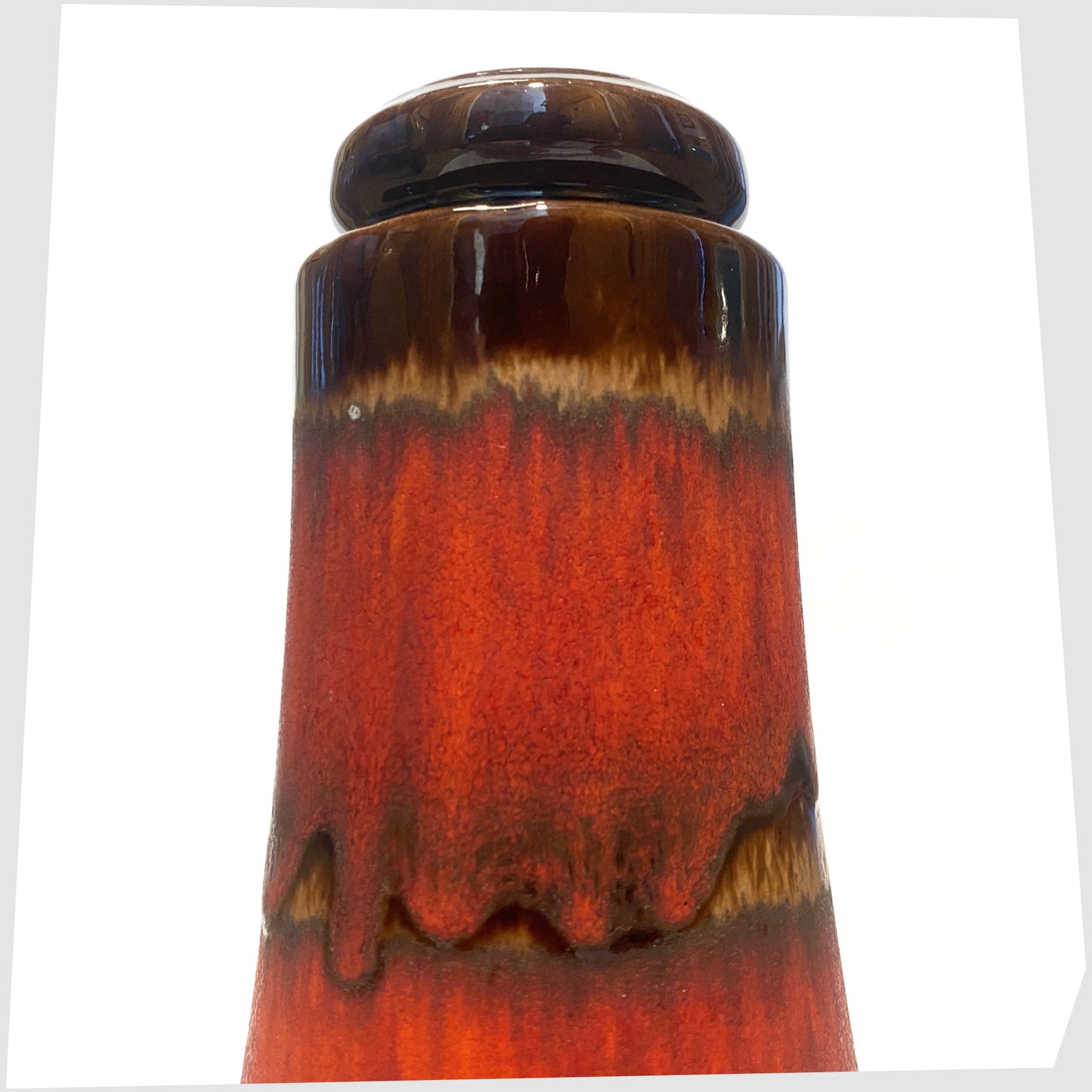 close up of the Scheurich Keramik 209-18 Vase with red fat lava drip glaze